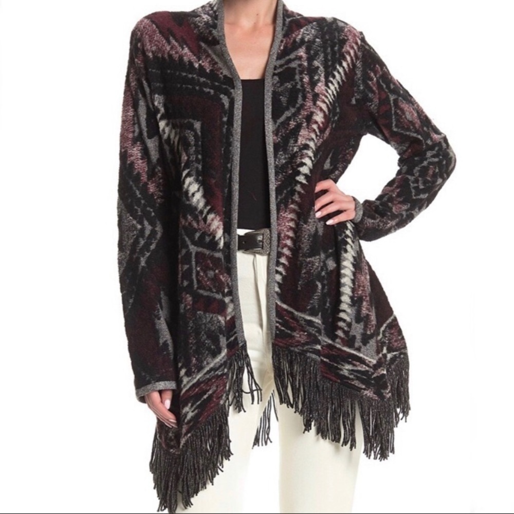 Lucky Brand Boho Fringed Brushed Knit Cardigan Size M